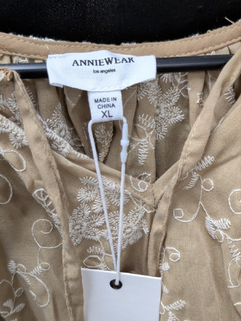 Embroidered Taupe Peasant Blouse with White Floral Detail - Picture 2 of 4